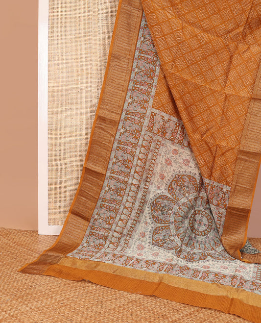 Orange checked bhandani style chanderi cotton saree with self human design border & madhubani style design pallu