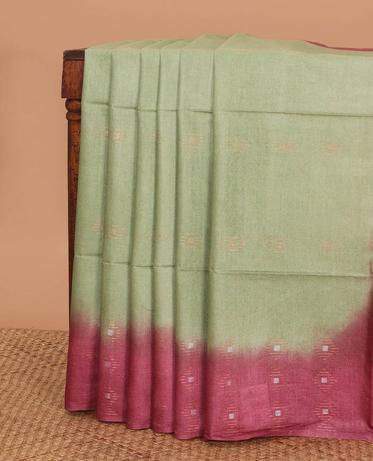 Green motifs linen saree with contrast geometric design & sequins embroidery pallu