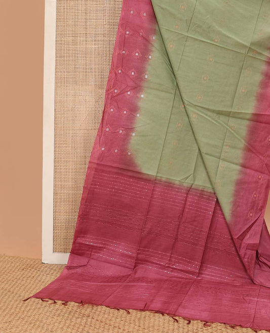 Green motifs linen saree with contrast geometric design & sequins embroidery pallu