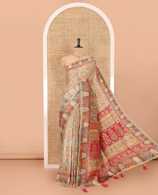 Chikku intricate Mughal style position woven Russian silk saree, Mughal style motifs position woven border, pallu, and a contrast manga buttas blouse