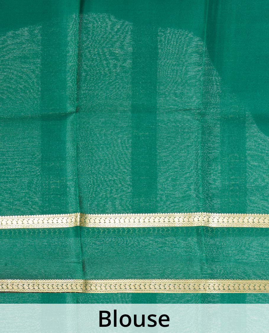 Orange Plain Mysore Silk Saree, Complemented by a Contrast Rettai Pettu Border of Paisley Designs, Pallu Mirrors the Same Border Motifs, and a Contrast Blouse