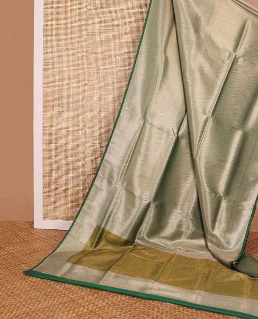 Dark green striped softy saree with self chevron design border & striped pallu