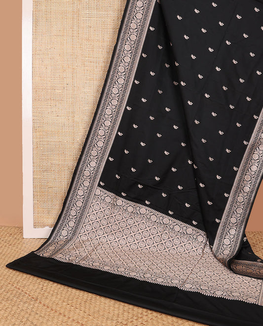 Black motifs banaras silk saree with self floral design border & argyle design pallu