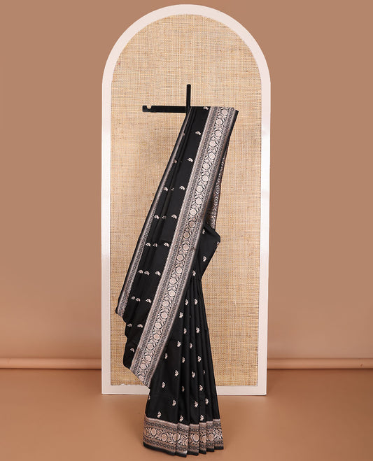 Black motifs banaras silk saree with self floral design border & argyle design pallu