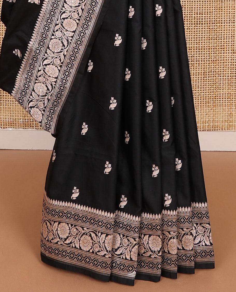 Black motifs banaras silk saree with self floral design border & argyle design pallu