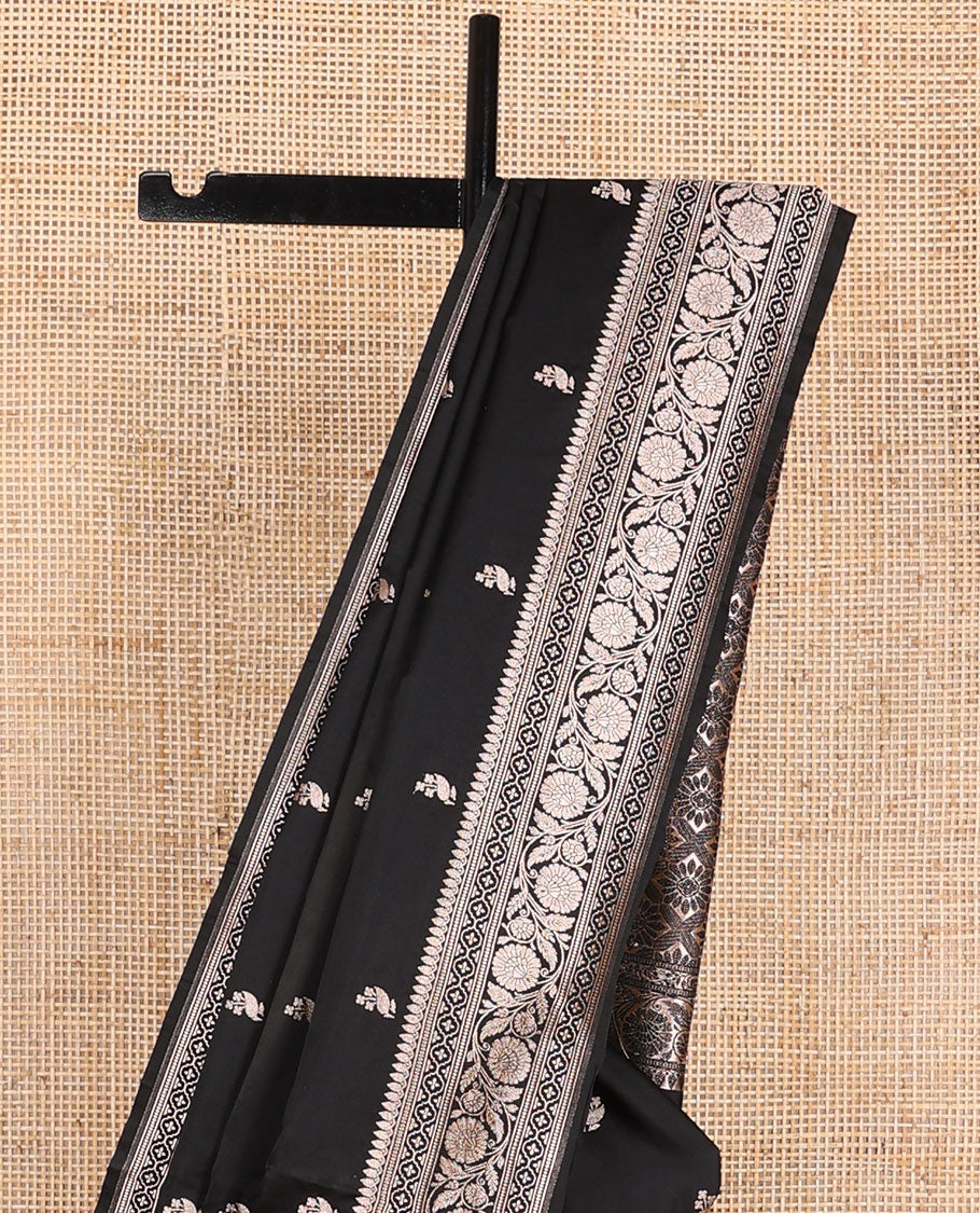Black motifs banaras silk saree with self floral design border & argyle design pallu