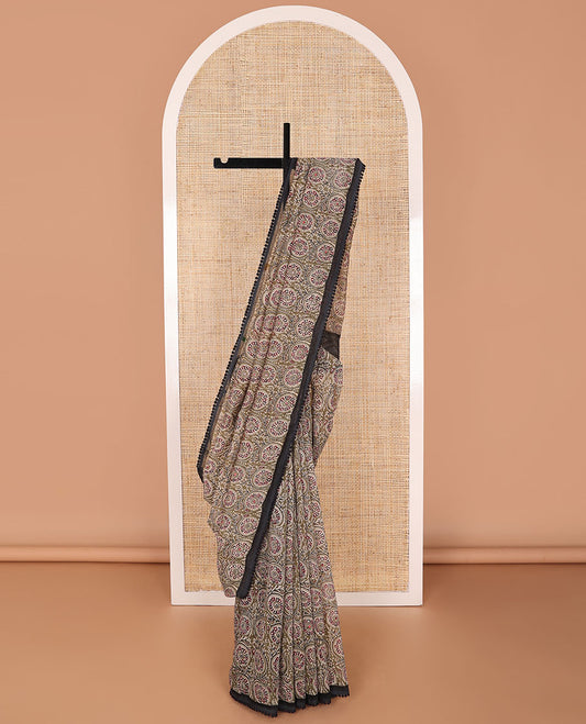 Olive green floral design chanderi cotton saree with contrast plain border