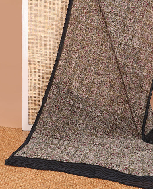 Olive green floral design chanderi cotton saree with contrast plain border