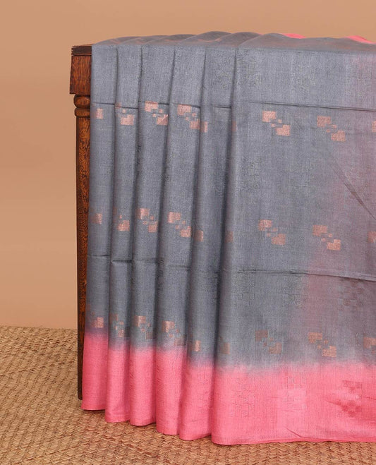 Grey geometric motifs linen saree with contrast geometric design & sequins embroidery pallu