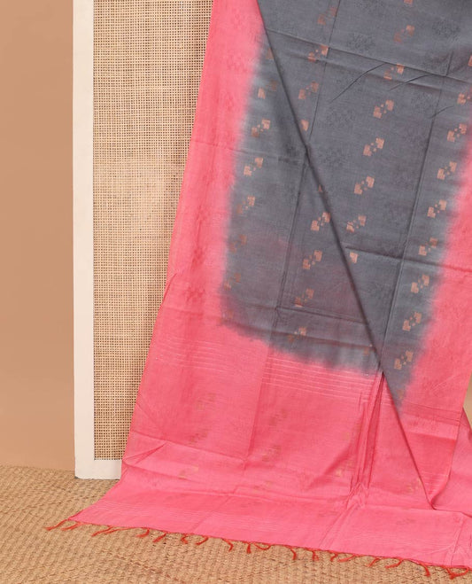 Grey geometric motifs linen saree with contrast geometric design & sequins embroidery pallu