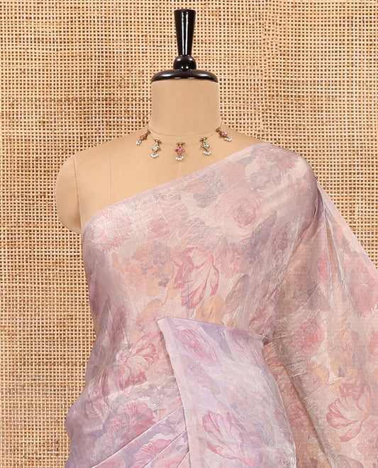 Borderless lavender colorful floral printed fendi satin saree, self-pallu, and plain blouse