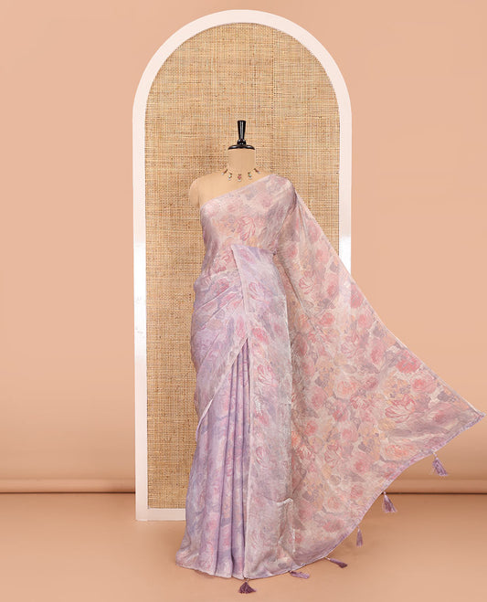 Borderless lavender colorful floral printed fendi satin saree, self-pallu, and plain blouse