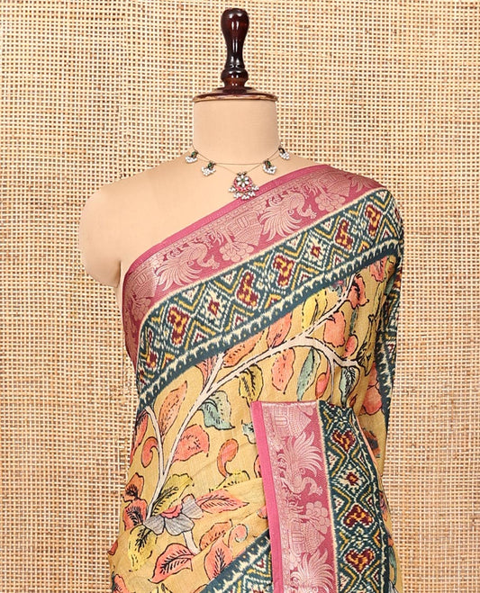 Yellow Kalamkari Saree, Adorned with Floral Vine Print, Complemented by Contrast Zari Woven Border, Ikkat Pallu, and a Contrast Blouse