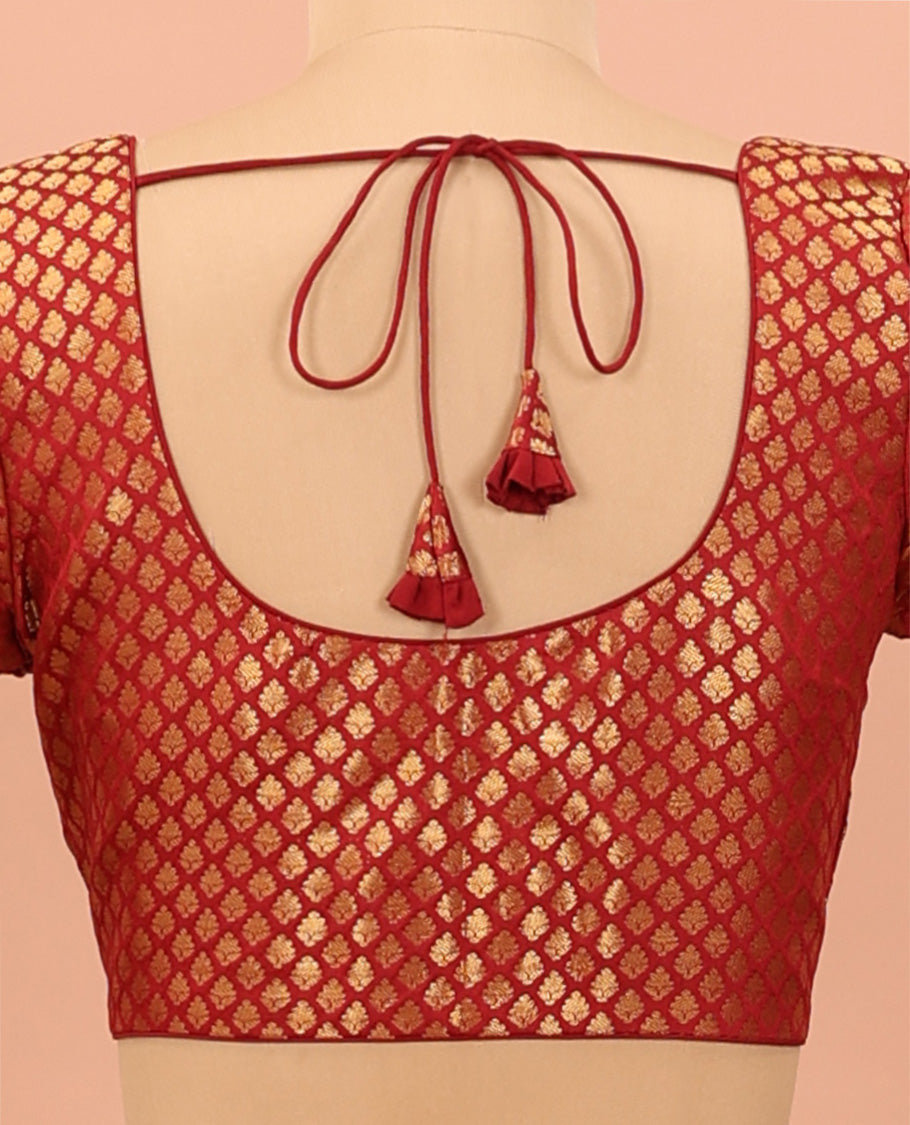 Red zari jacquard front-back round neck elbow sleeve readymade blouse