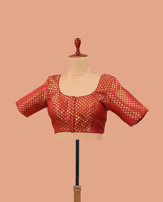 Red zari jacquard front-back round neck elbow sleeve readymade blouse