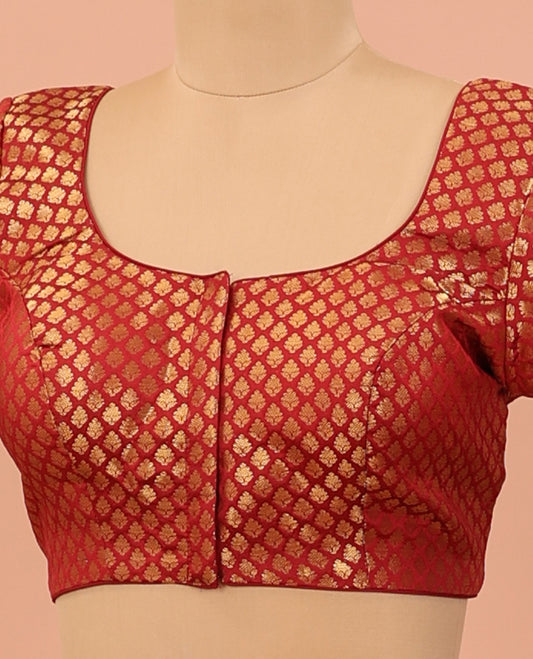 Red zari jacquard front-back round neck elbow sleeve readymade blouse