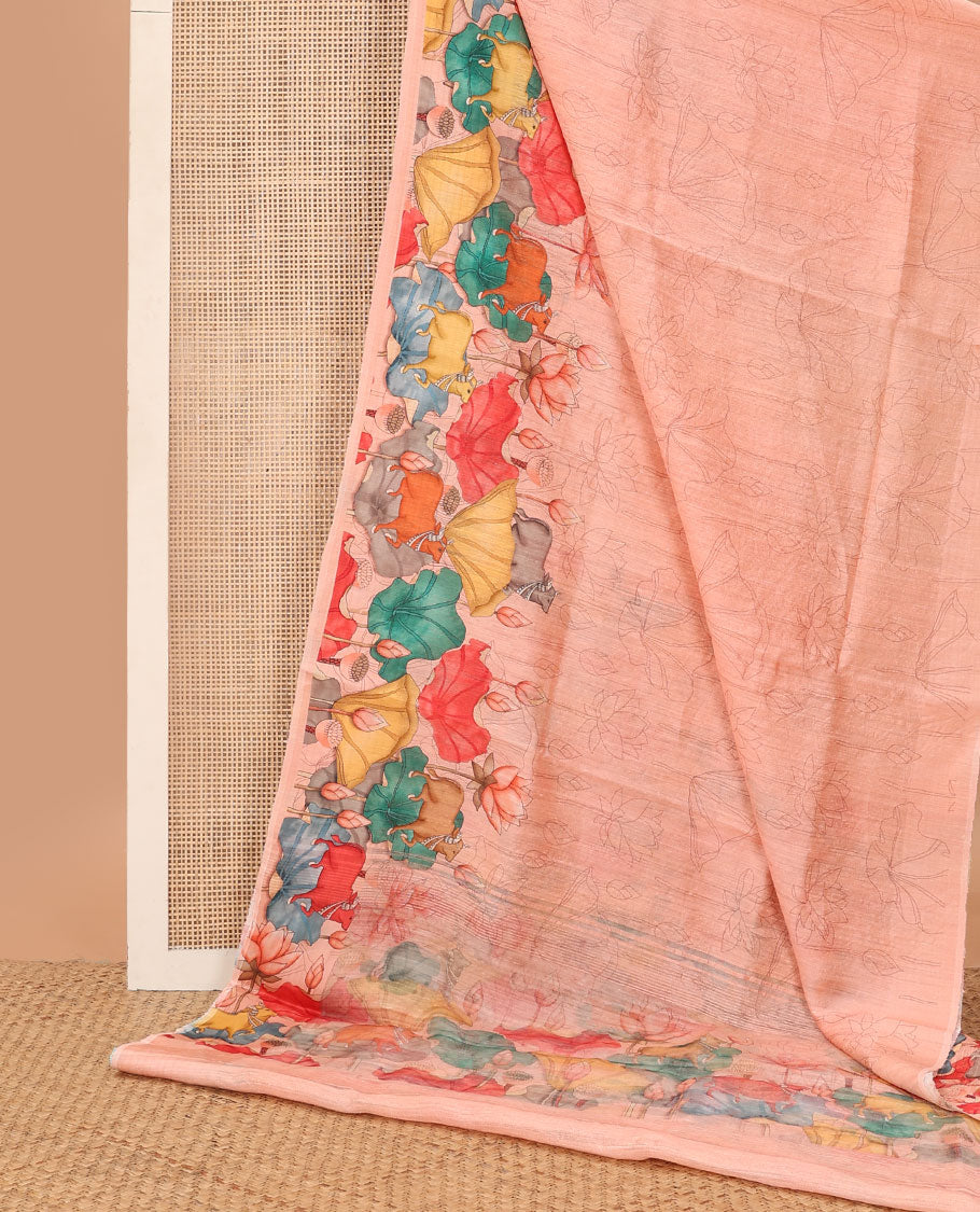 Pink floral design  tussar silk saree with self pichwai design border &  pichwai design pallu