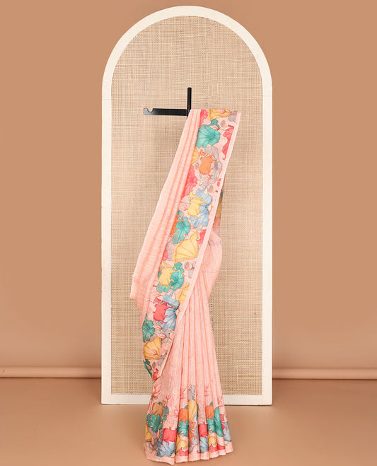 Pink floral design  tussar silk saree with self pichwai design border &  pichwai design pallu