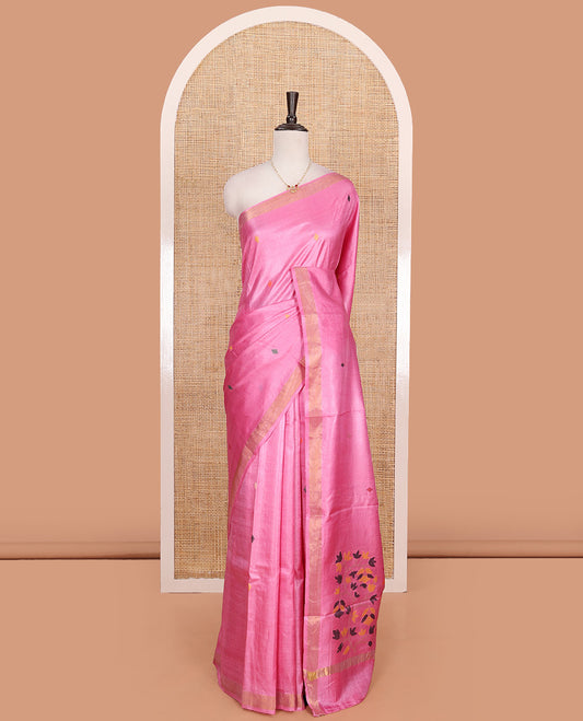 Pink buttas woven tussar saree, piping border, and pallu of floral designs