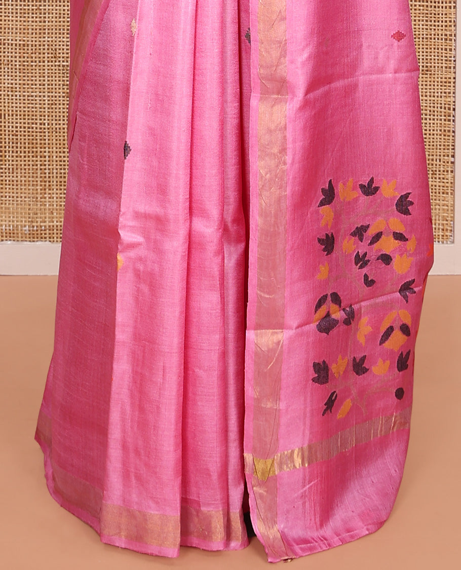 Pink buttas woven tussar saree, piping border, and pallu of floral designs