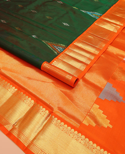 Green buttas Venkatagiri silk saree, contrast temple traditional zari design border, and pallu of zari stripes, and temple designs