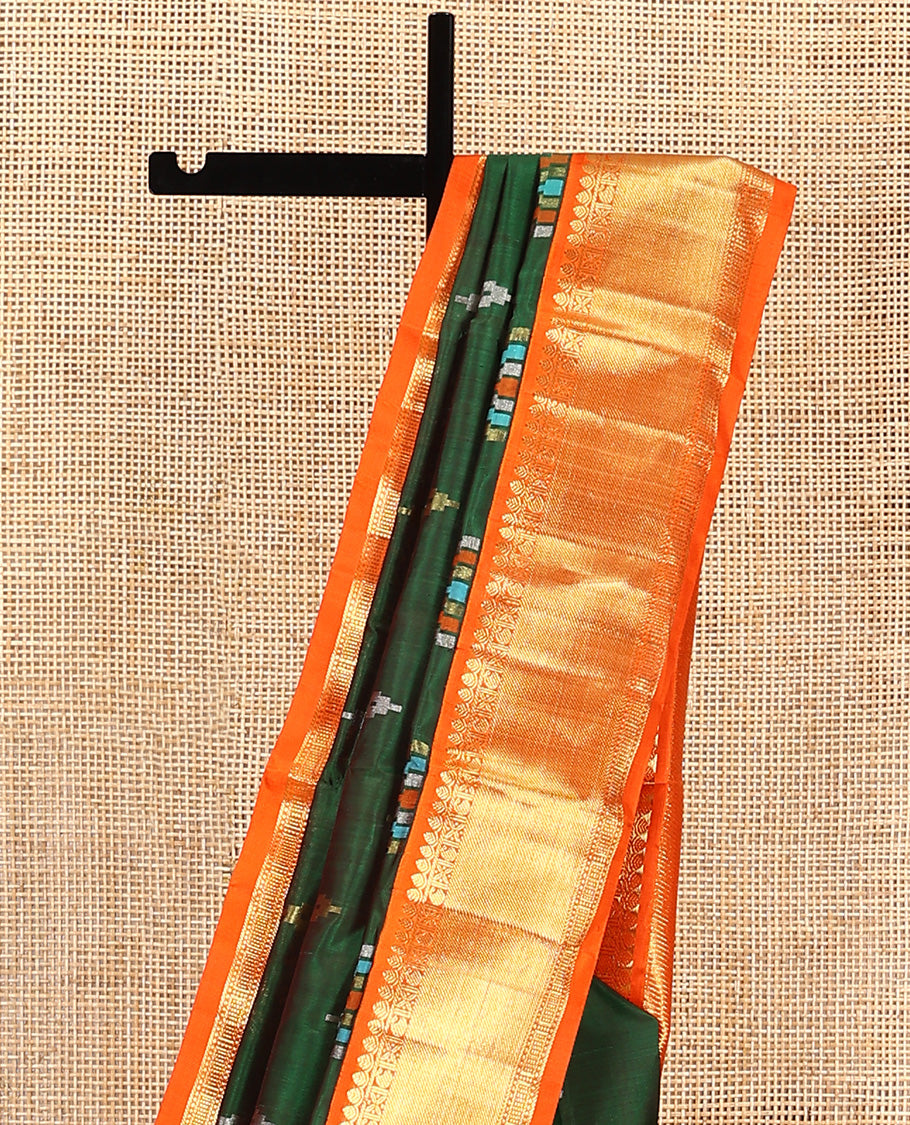 Green buttas Venkatagiri silk saree, contrast temple traditional zari design border, and pallu of zari stripes, and temple designs