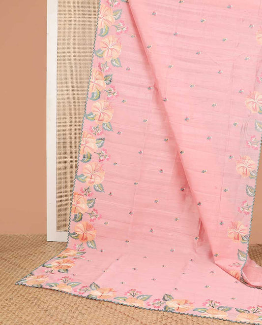 Light pink buttas organza saree with self floral embroidery, scallop border