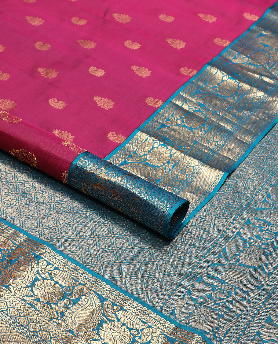 Purple leaf buttas silk saree with contrast zari design border & floral jaal design pallu