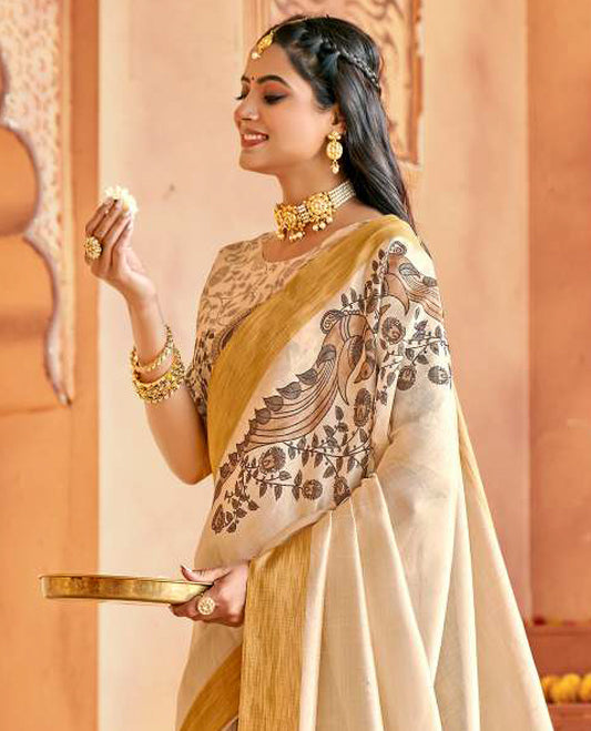 Cream floral vine, and peacock design designer catalog saree, bavanji border, and pallu of floral, paisley, and peacock design