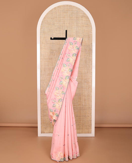 Light pink buttas organza saree with self floral embroidery, scallop border
