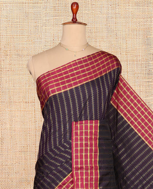 Purple Aarani Gift Saree, Elevated with Zari Stripes on Its Body, Complemented by a Contrast Checked Border, Pallu of Stripes, and Paired with a Matching Blouse