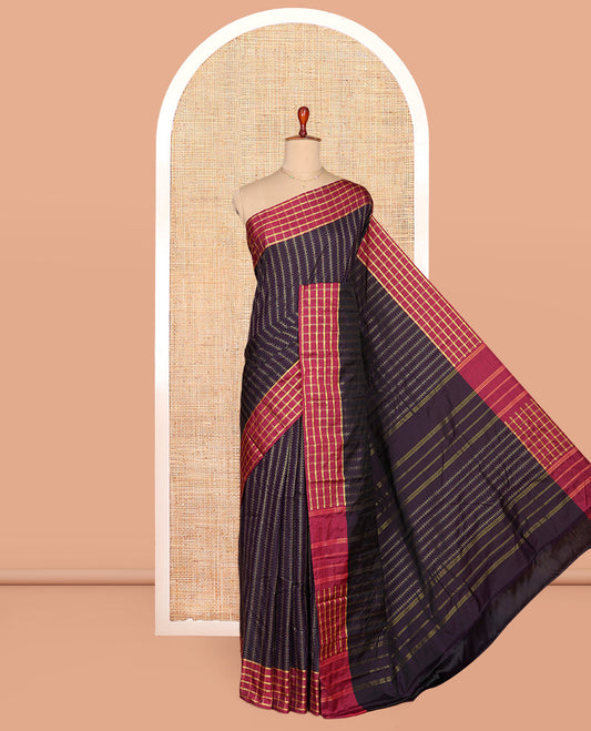 Purple Aarani Gift Saree, Elevated with Zari Stripes on Its Body, Complemented by a Contrast Checked Border, Pallu of Stripes, and Paired with a Matching Blouse
