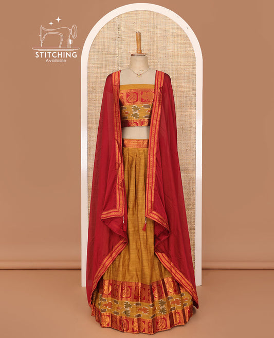 Honey orange lehenga set, plain with contrast manga zari and ikkat border skirt, matching blouse and contrast zari border plain dhavani