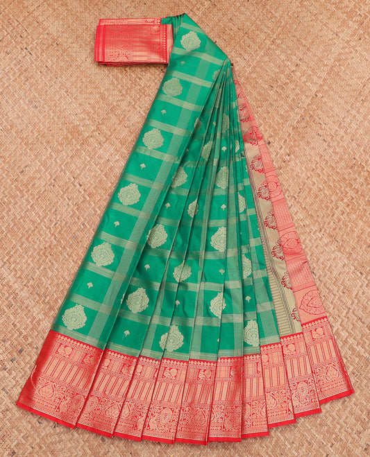 Green Budget Silk Saree, Elegantly Highlighted with Zari Butta Enclosed Checks, Complemented by Contrast Traditional Zari Border, Intricate Pallu, and a Contrast Blouse