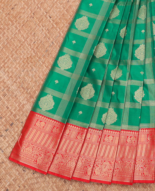 Green Budget Silk Saree, Elegantly Highlighted with Zari Butta Enclosed Checks, Complemented by Contrast Traditional Zari Border, Intricate Pallu, and a Contrast Blouse