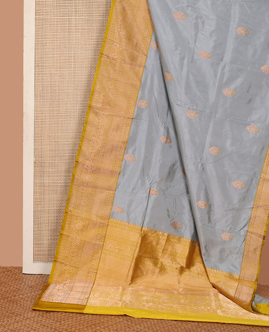 Grey floral zari buttas katan silk saree, contrast traditional zari border, and jaal pallu