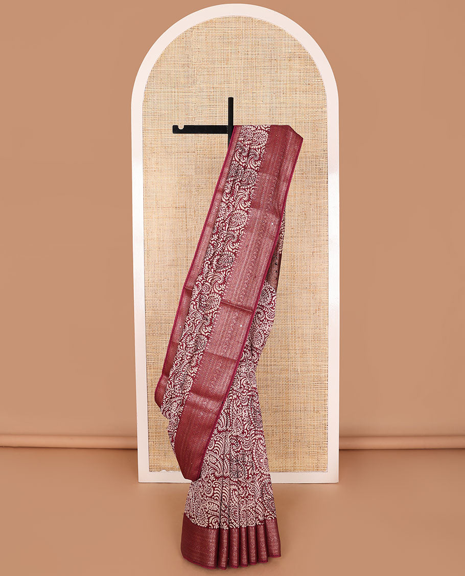 Maroon paisely design chanderi cotton saree with self zari design, sequins work border