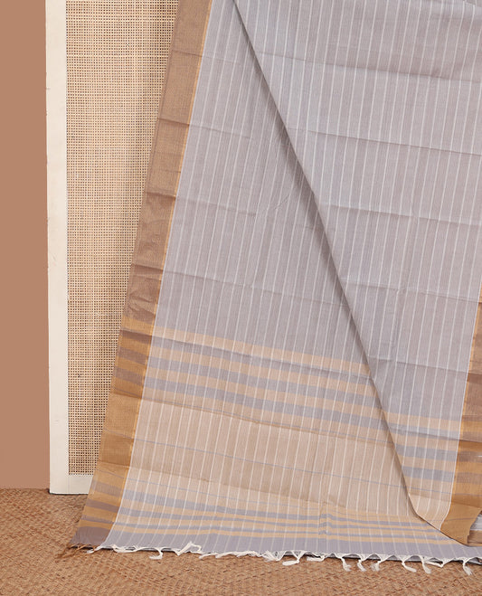 Grey striped kanchi cotton saree, contrast zari border, and striped pallu