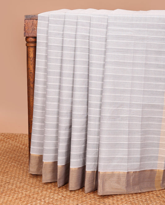 Grey striped kanchi cotton saree, contrast zari border, and striped pallu