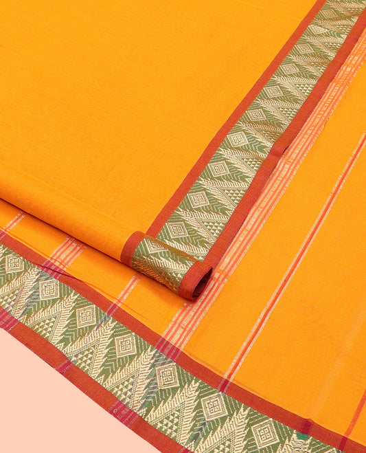 Orange Plain Nine-Yard Cotton Saree, Complemented by a Contrast Temple Border of Diamond Designs, Striped Pallu, and Comes Without a Blouse