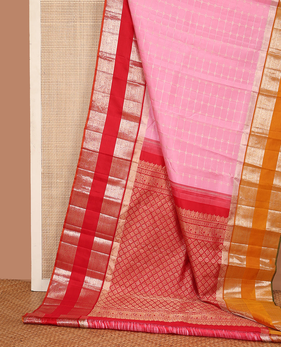 Pink zari checked Kanchipuram silk saree, contrast rettai pettu ganga jamuna border of thilakam and mayil designs, and zari woven pallu