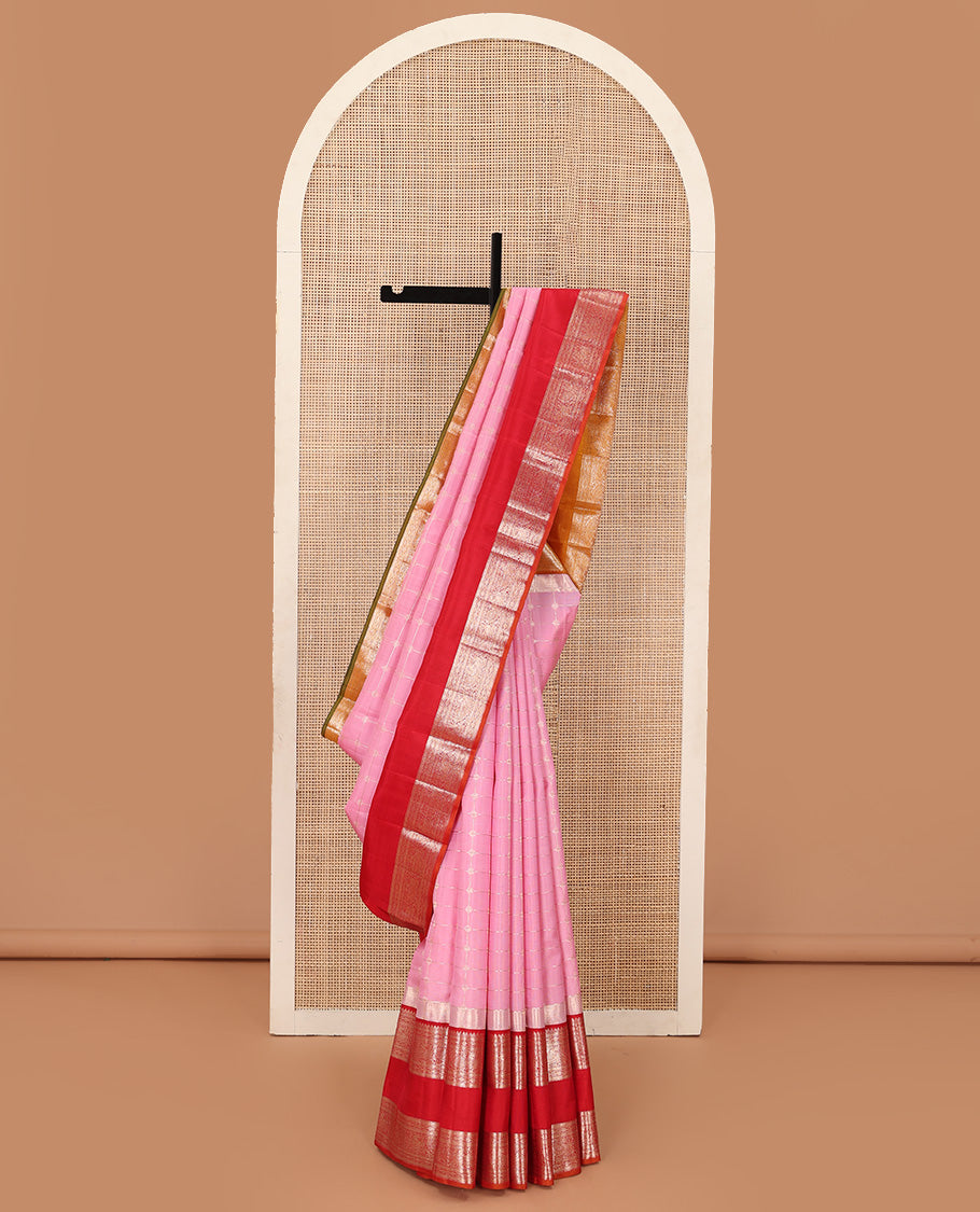 Pink zari checked Kanchipuram silk saree, contrast rettai pettu ganga jamuna border of thilakam and mayil designs, and zari woven pallu