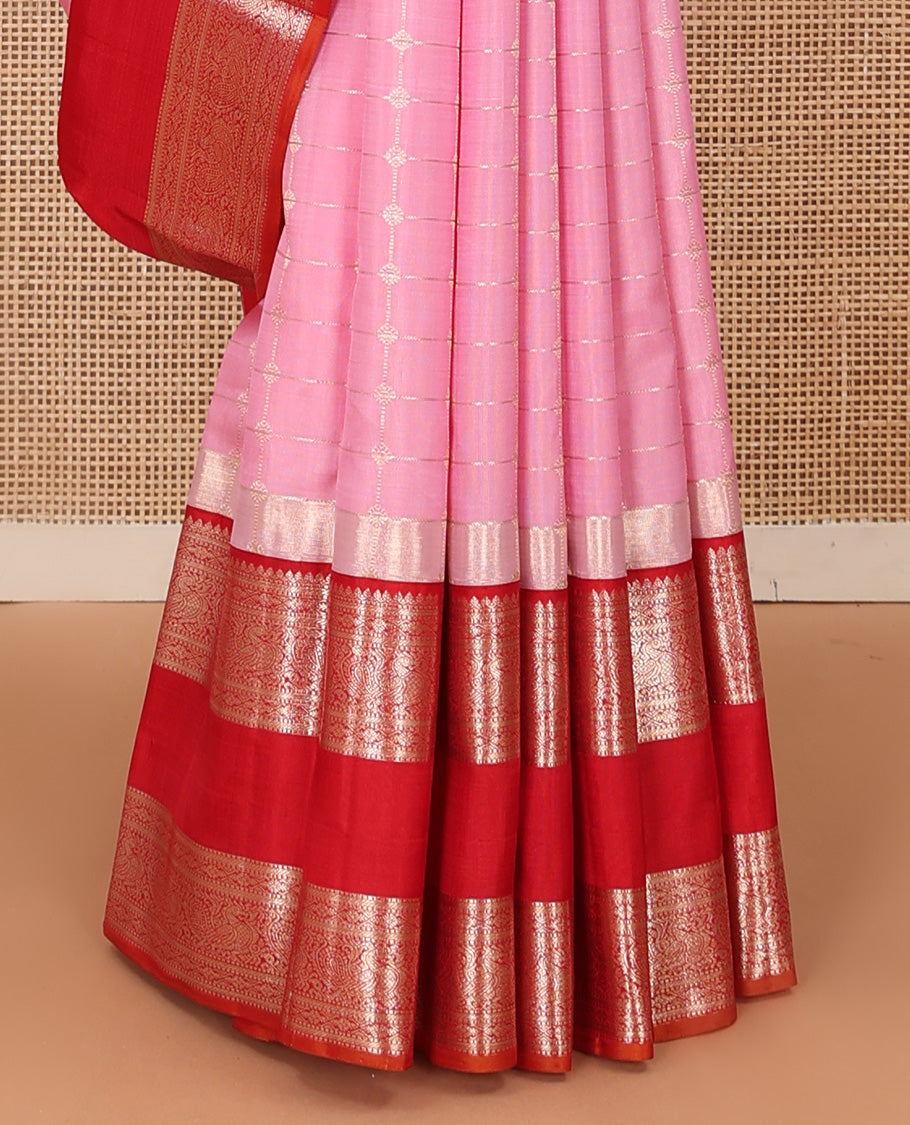 Pink zari checked Kanchipuram silk saree, contrast rettai pettu ganga jamuna border of thilakam and mayil designs, and zari woven pallu