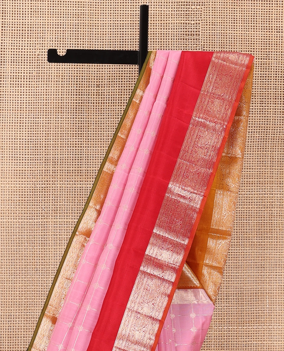 Pink zari checked Kanchipuram silk saree, contrast rettai pettu ganga jamuna border of thilakam and mayil designs, and zari woven pallu