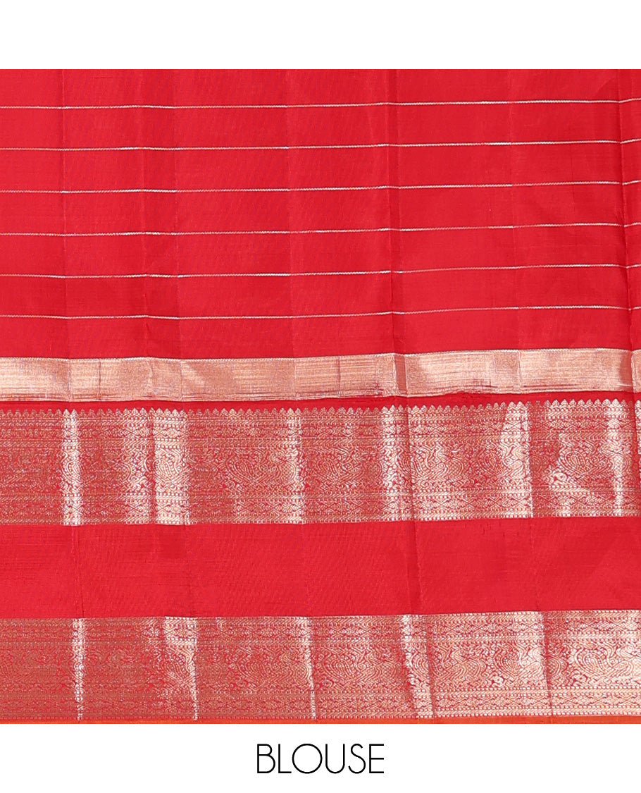 Pink zari checked Kanchipuram silk saree, contrast rettai pettu ganga jamuna border of thilakam and mayil designs, and zari woven pallu