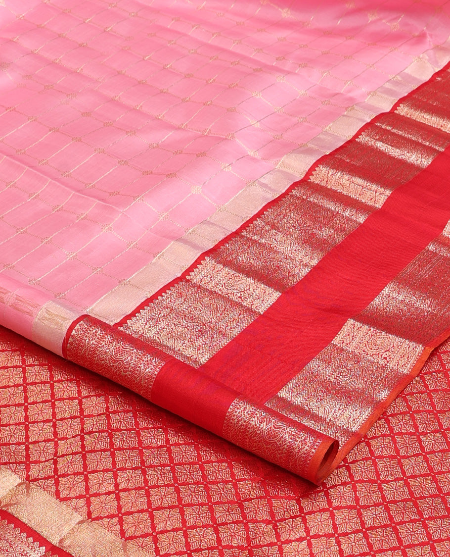 Pink zari checked Kanchipuram silk saree, contrast rettai pettu ganga jamuna border of thilakam and mayil designs, and zari woven pallu