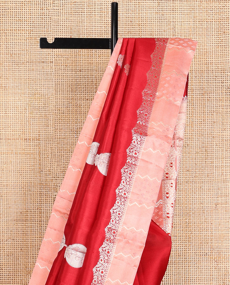 Red zari buttas raw mango silk saree, contrast border of zari floral designs & scallop design pallu
