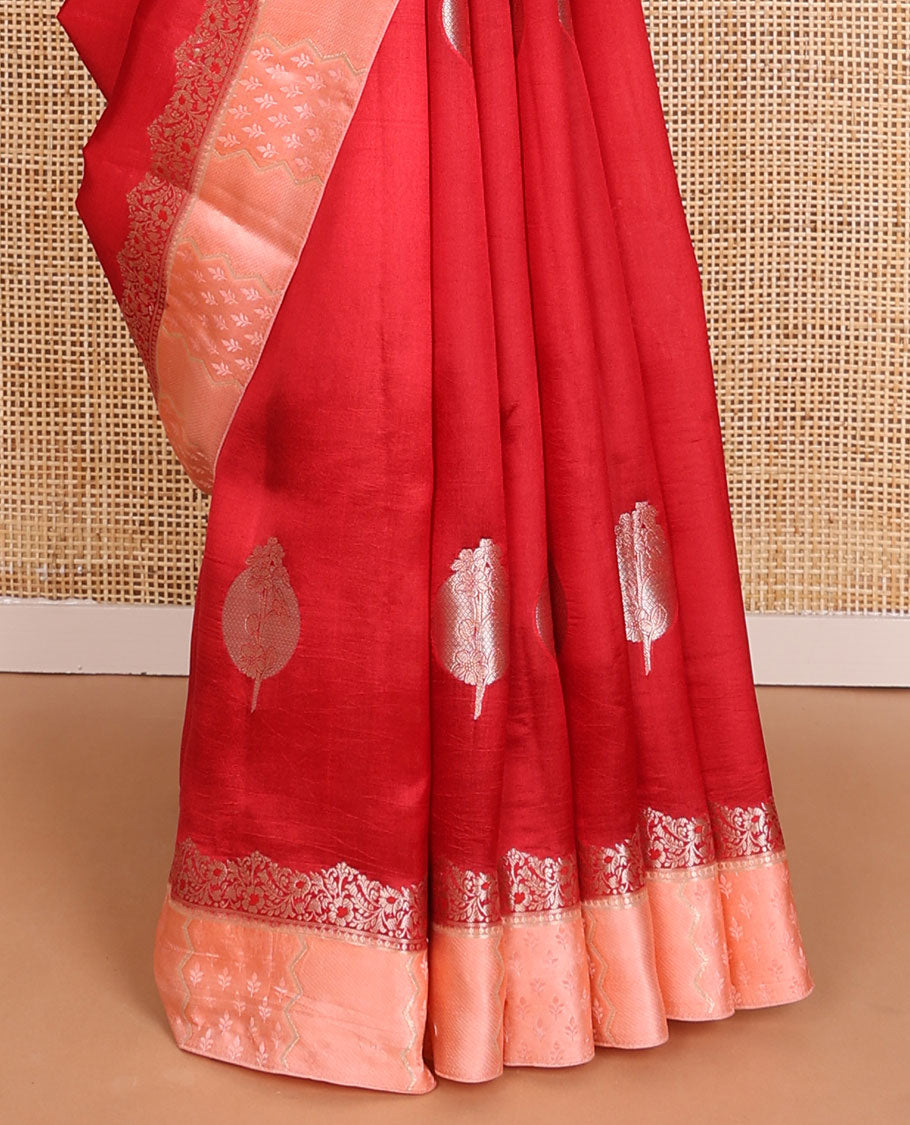 Red zari buttas raw mango silk saree, contrast border of zari floral designs & scallop design pallu