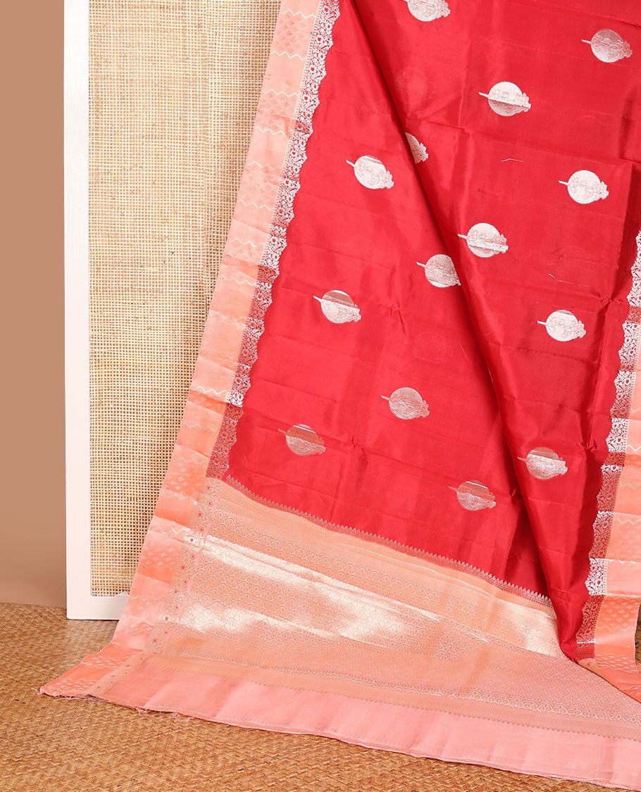 Red zari buttas raw mango silk saree, contrast border of zari floral designs & scallop design pallu