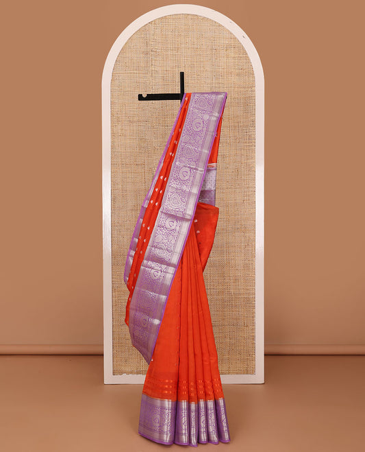 Dark orange meena buttas raw mango silk saree, contrast traditional zari border of floral creeper, and jaal pallu